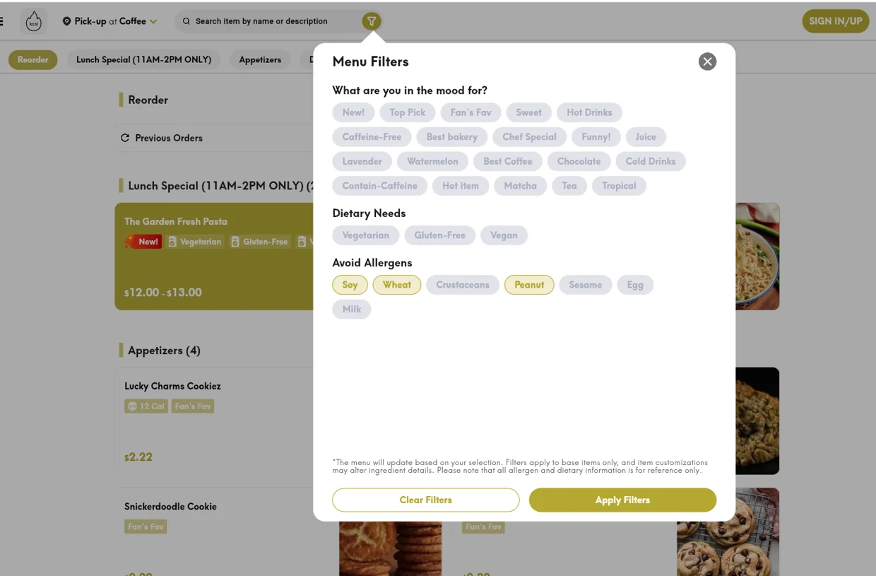 Allergen and dietary menu filters on an INFI kiosk