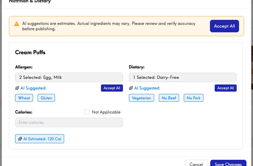 AI-suggested nutrition and dietary attributes in INFI Merchant Console
