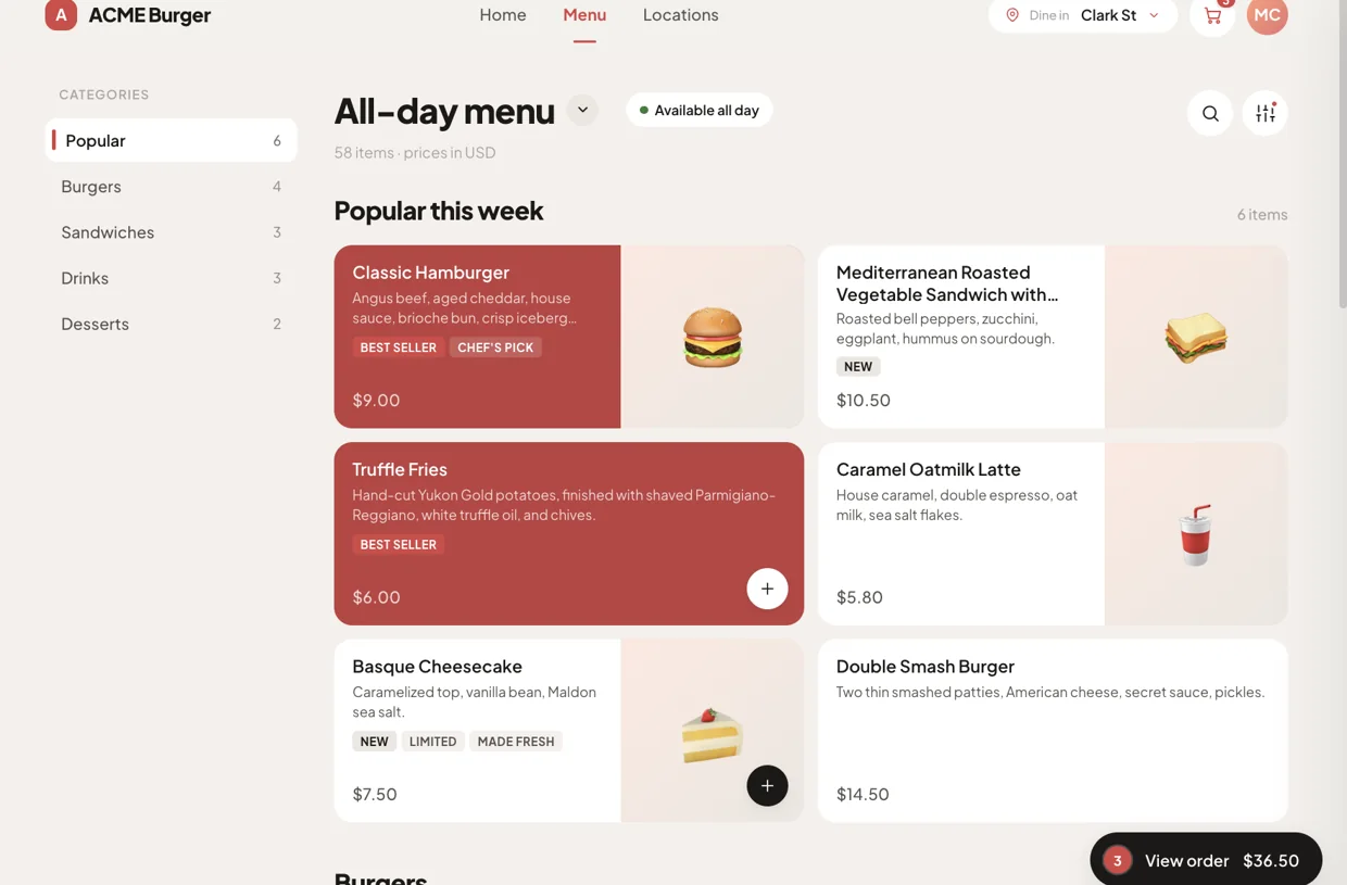 Redesigned INFI mobile and online ordering menu