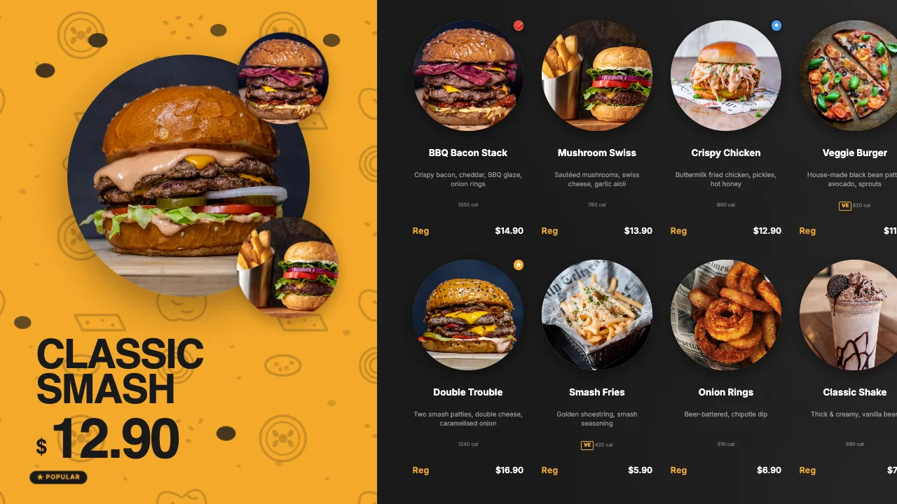 INFI DISPLAY burger menu board themed to a warm brand palette
