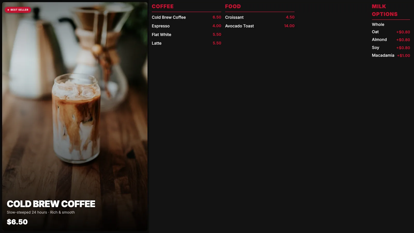 INFI DISPLAY digital menu board showing a live café menu