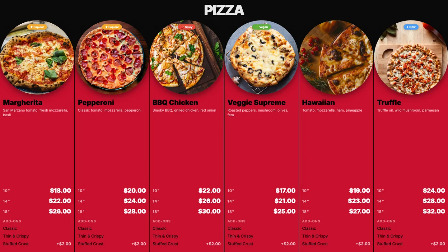 INFI DISPLAY pizza menu board with photos, sizes and prices