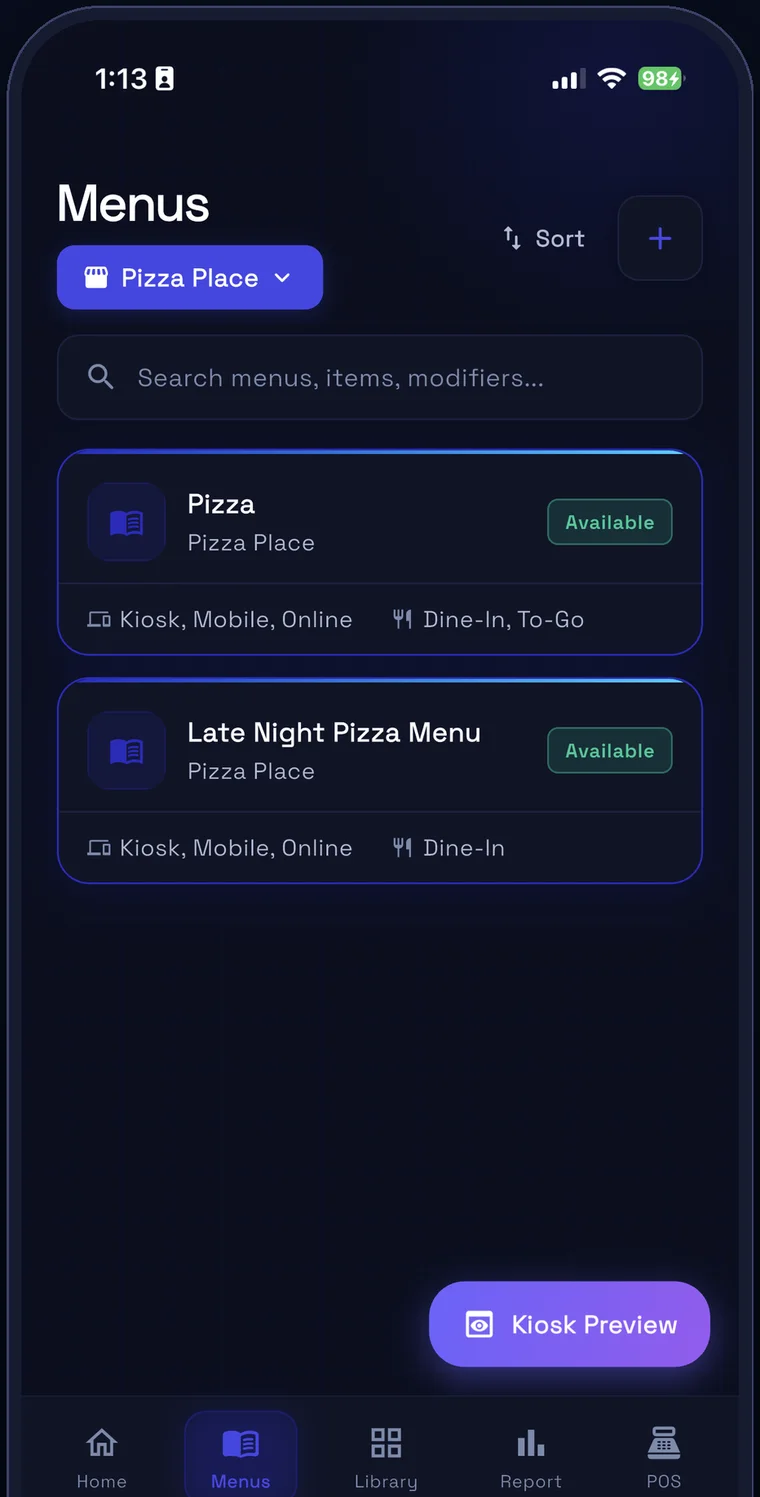 INFI Connect menu management screen