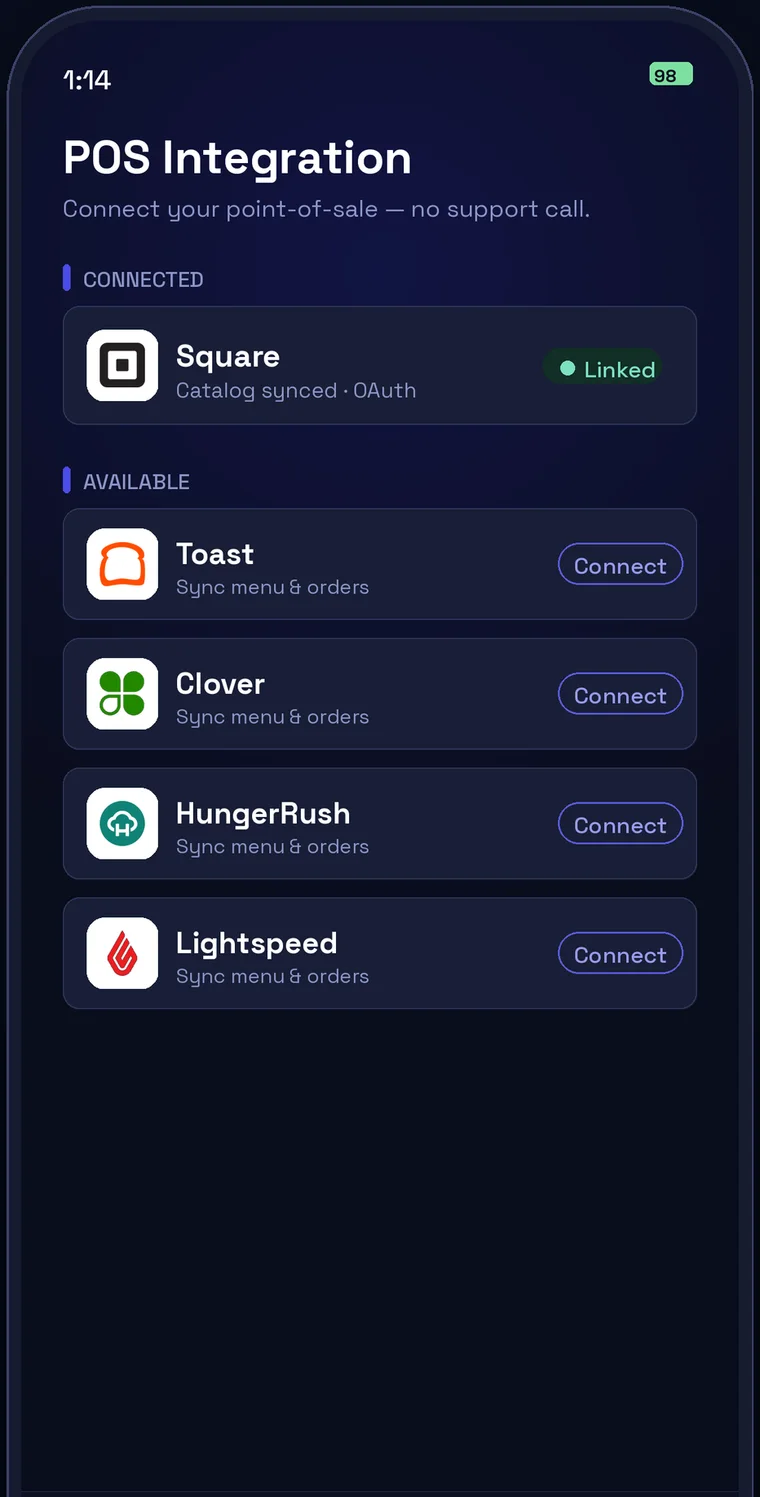 INFI Connect POS integration screen