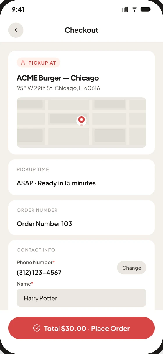 INFI ONLINE checkout — pickup at your store, paid on your own processor