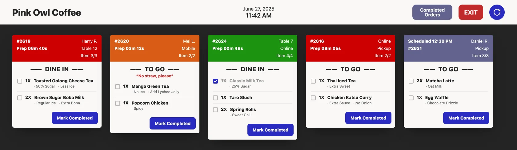 The INFI KITCHEN display — live orders from kiosk, online and mobile on one screen, color-coded by prep time