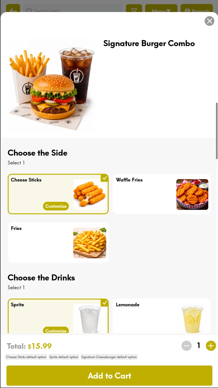 INFI self-ordering kiosk — build a combo