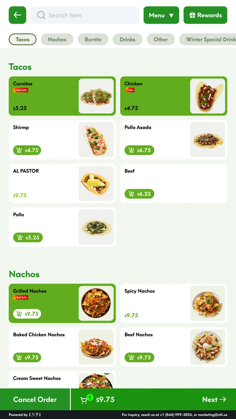 INFI kiosk menu